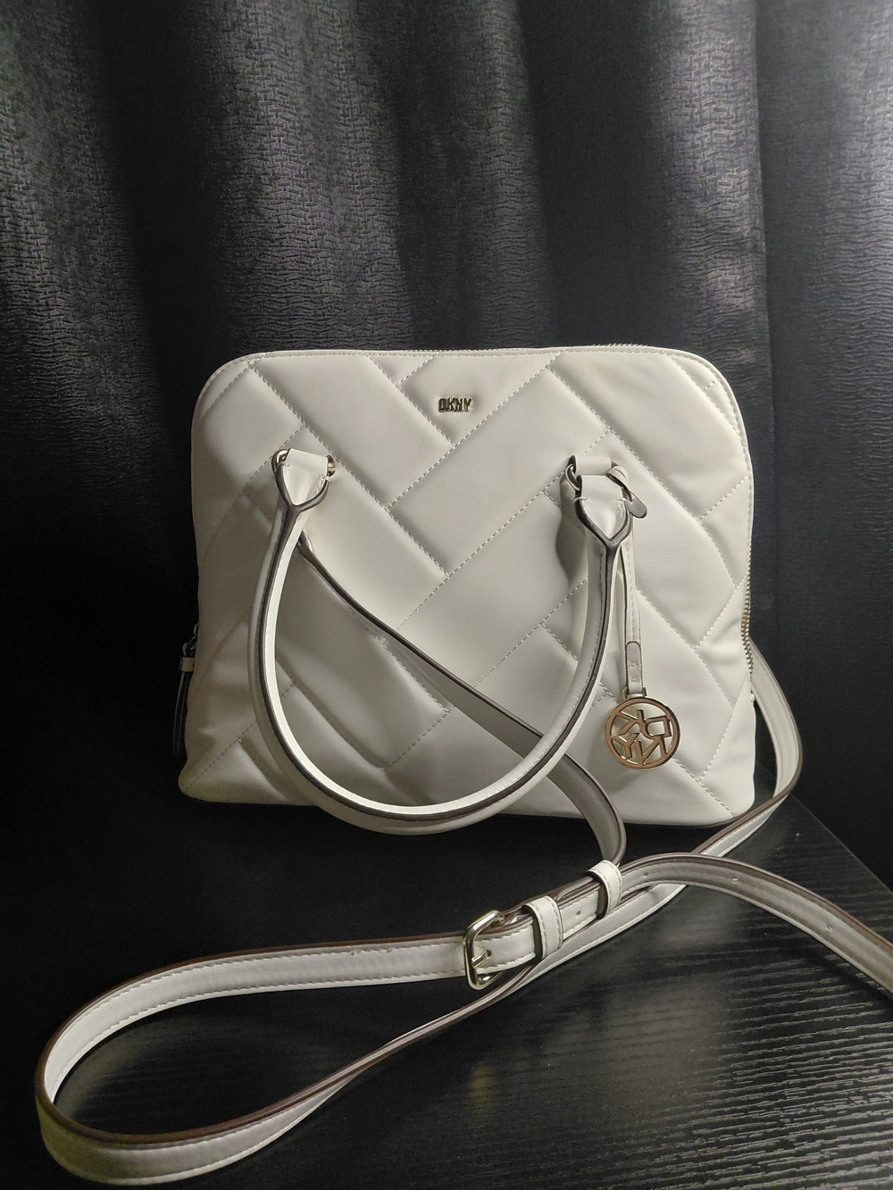 DKNY Quilted White Dome Satchel with Crossbody Strap